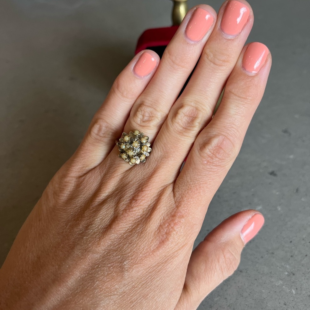 Vintage 18K Seed Pearl Cluster Ring 18K GF 60s-70s size 7 - Picture 2 of 11